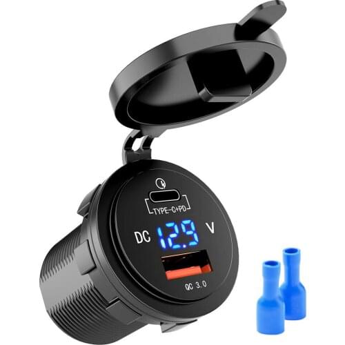 Type-C USB-C Car Charger PD QC 3.0 Fast Charging Power Adapter Socket with Digital LED Voltmeter For RV ATV Smart Phone Macbook