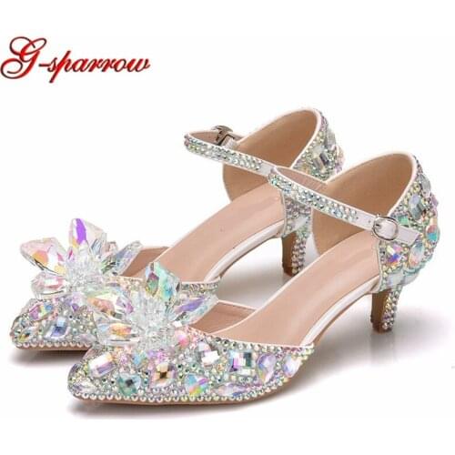 5cm Low Heel Women Shoes Pointed Toe Popular AB Crystal Wedding Shoes Bling Bling Rhinestone Cinderella Prom Shoes Ankle Straps