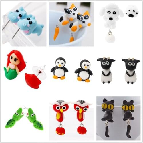 New Design Fashion Handmade Polymer Clay Cat Penguin goat 3D Animal Earrings For Women Ear Stud Jewelry Brincos