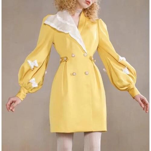 Spring French Court Butterfly 3D Lace Dress Temperament Lantern Sleeve Long Jacket Asymmetric Retro High Waist Dresses Outfits