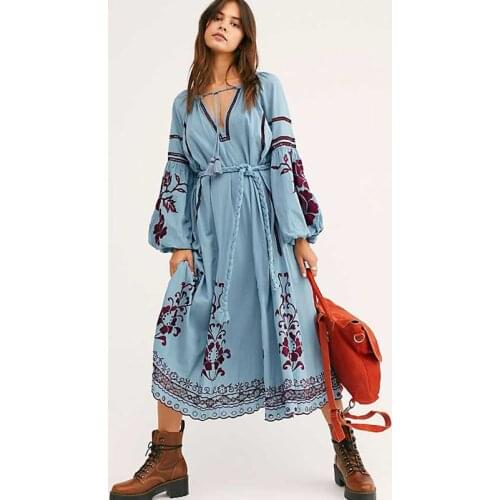 TEELYNN Lantern Long Sleeve Tunic Dress Women Vintage Ethnic Floral Print Embroidery Blue Cotton Autumn Vestidos Boho Robe 2021