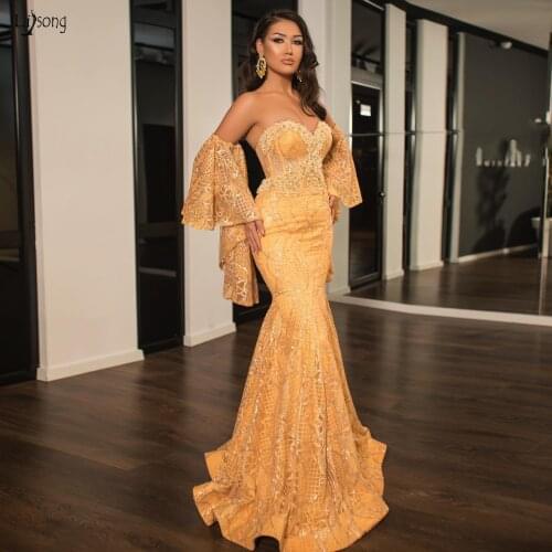 New Gold Lace Mermaid Evening Dresses 2021 Detachable Puff Sleeves Long Evening Gowns Pears Beaded Party Dress Vestidos