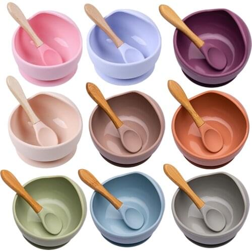 2PCS/1Set Baby Feeding Bowl Food Grade Silicone NO BPA Children Feeding Bowl Waterproof Spoon Baby Kitchen Non-slip Tableware