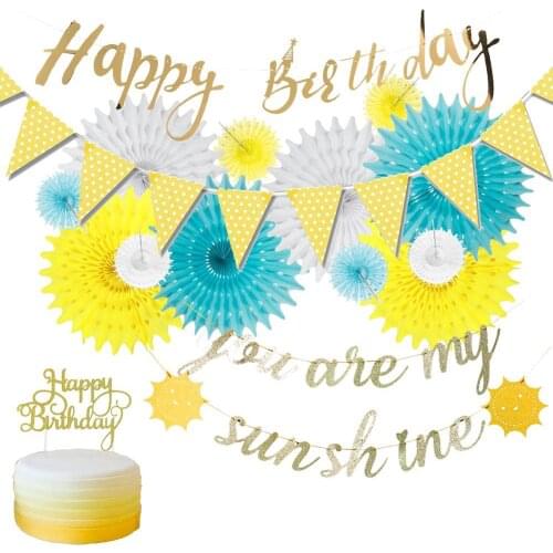 Sunshine Theme Boys Girls Birthday Party Decorations Glitter Gold You Are My Sunshine Banner Happy Birthday Cake Topper Fans