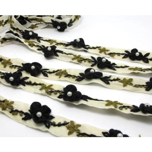 5/8 Inch Ivory Black Embroidered Velvet Ribbon with Felt Flower|Sewing|Quilting|Jewelry Design|Embellishment|Decorative