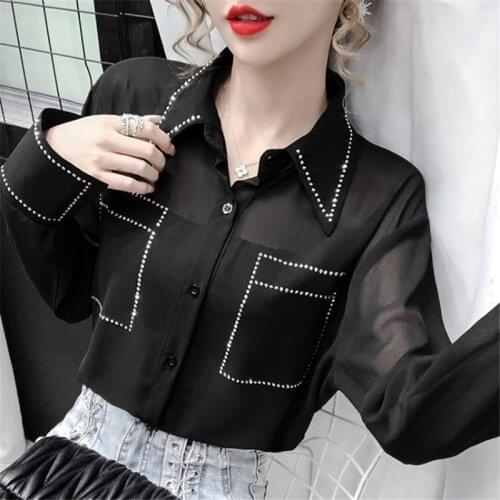 OL Solid Shirts Long Sleeve Chiffon Blouse Shirts Black White Beading Blouses Long sleeve female tops Chemisier