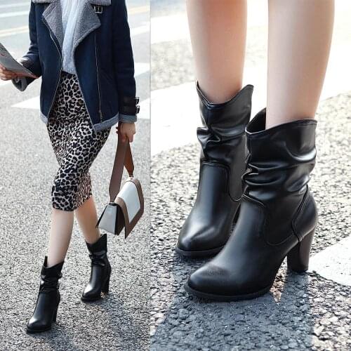 Ankle Boots PU Black Chelsea Boots Slip on Ladies Casual Thick Heel Shoes Fashion Comfortable Female 33-45