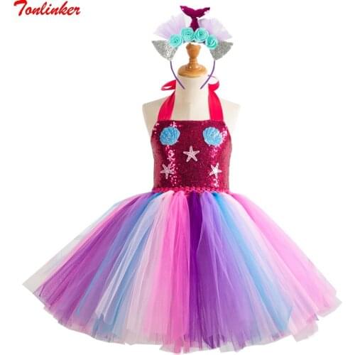 Girls Sequins Mermaid Cosplay Costume Kids Shell Starfish Tutu Dress With Headband Princess Birthday Theme Party Dresses