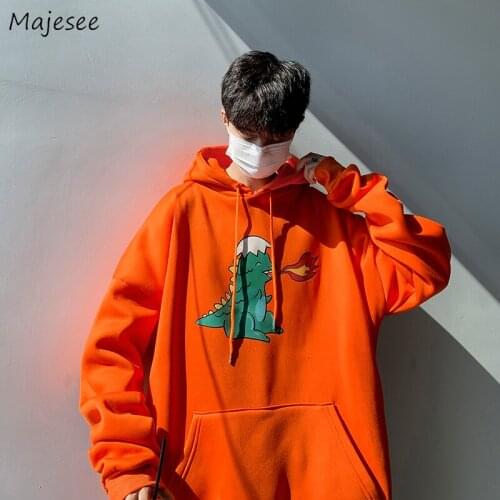Men with Hat Hoodies Sweatshirts Plus Size 3XL Thicken Lovely Dinosaur Print Males Leisure Chic Trendy Loose All-match Outwear