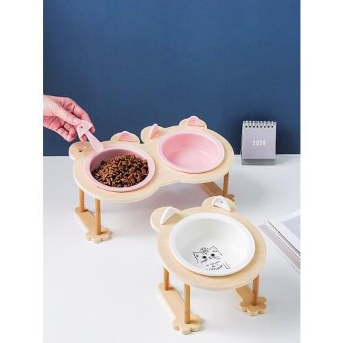 Ceramics Puppy Cat Dog Pet Bowl Single Double Food Bowl With Wood Stand Bracket Porcelain Water Feeder Pet Supplies Dropshipping