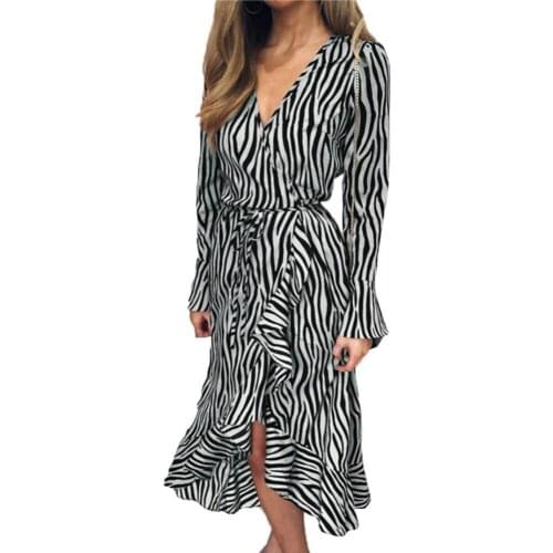 Summer Dress Fashion Women Zebra Print Ruffles High Waist Long Sleeve V Neck Maxi Dress vestido de mujer платье летнее женское