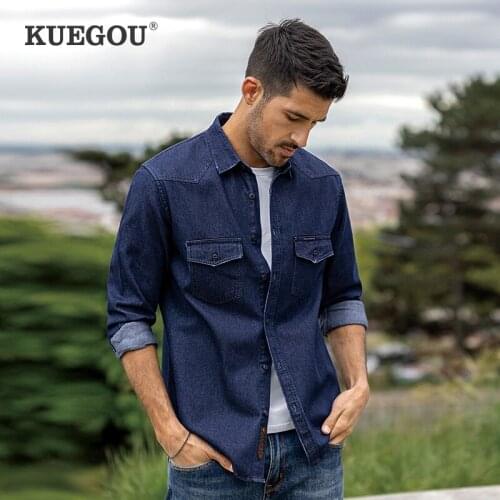 KUEGOU Blended Cotton Clothing Spring Autumn Men‘s Denim shirt Long sleeve Fashion Top&Coat Blue Black Plus Size BC -6996