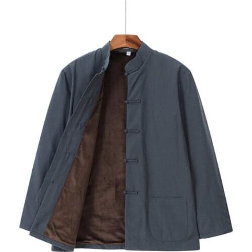 Mens Casual Jacket Autumn Winter Plus Velvet Kung Fu Coat Traditional Chinese Tang Suit Coat Tai Chi Uniform Cotton Tops