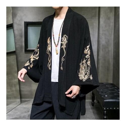 2021 Fashion Costume Embroidery Hanfu Men Chinese Style Linen Robe Cardigan Jacket Oversized Kimono 5XL Ancient Coat Male