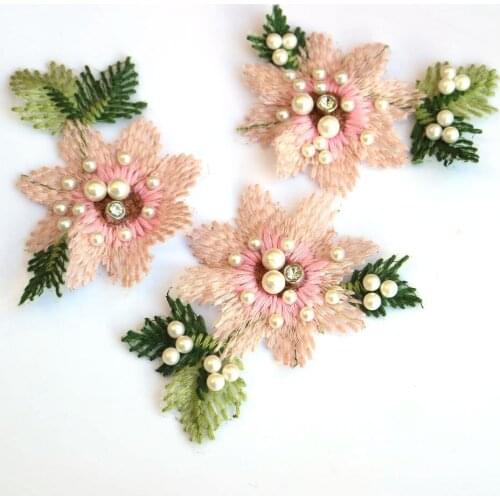 3pcs/set pink flower Patches for Clothes beaded pearl Embroidery Parche floral appliques for clothing Decoration Badge