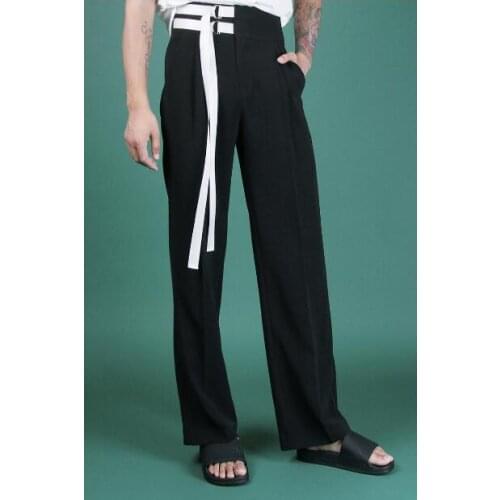 NEW mens Fashion personality Middle-waisted asymmetry jump ring decorate Straight tube lie fallow trousers plus size costumes