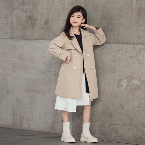 Girls Khaki Trench Coat Teen Girls Fall Jackets Double Breasted Fashion Causal Girls Windbreak 10 11 12 13 14 15 years
