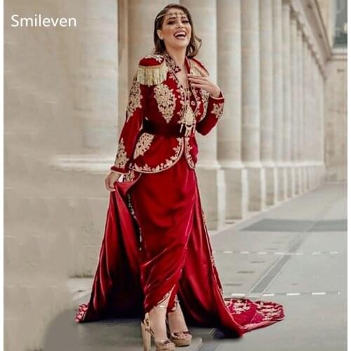 Smileven Luxury Red Dubai Abaya Evening Dresses Velvet Elegant Karakou Algerian Dresses Lace Evening Party Gowns