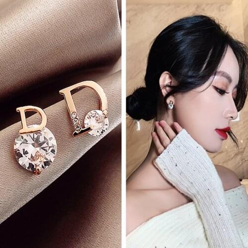 Luxury AAA Zircon Titanium Steel Stud Earring Rose Gold Piercing Letter D Earrings For Womens Ear Jewelry