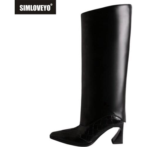 SIMLOVEYO Women Strange Style Tassel Black Fold Knee High Heel Boots Pointed Toe Long Boots Female Botas Mujer Slip ON Solid
