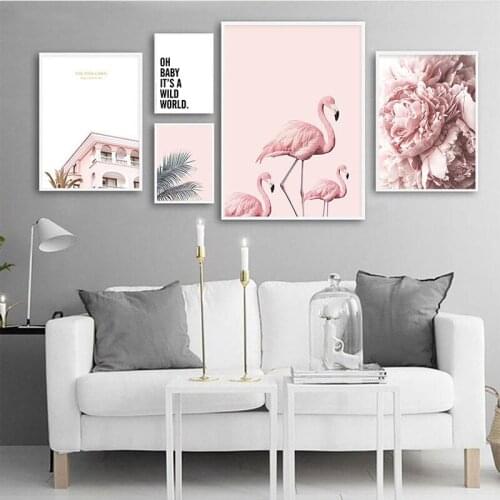 Nordic Flamingo Flower Wall Art Canvas Poster Pink Minimalist Print Painting Scandinavian Cuadros Decoration Picture Living Room