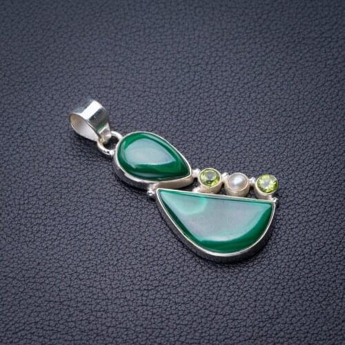 StarGems Natural Malachite,Peridot And River Pearl Handmade 925 Sterling Silver Pendant 2" E0386