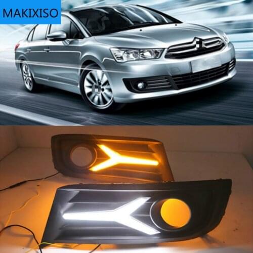 LED DRL daytime running light+Front fog light For Citroen C-Quatre 2012-2018 with Dynamic moving yellow turn signal