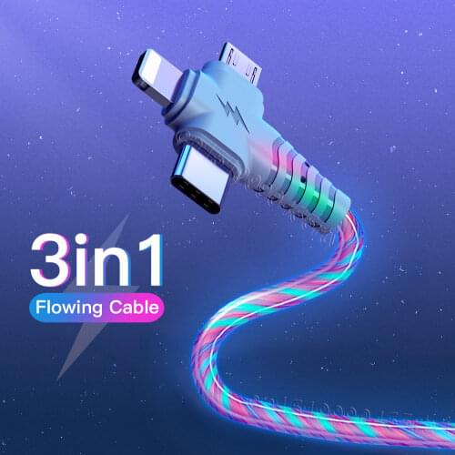 3in1 Flow Luminous Lighting usb cable for iPhone 12 11 Pro 3 in 1 2in1 LED Micro USB Type C 8Pin charger Wire for Huawei Xiaomi