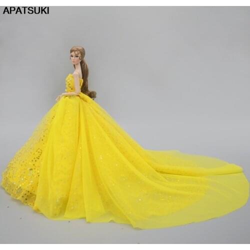 Yellow Handmade Wedding Dress For Barbie Doll Outfits 1/6 Princess Evening Party Ball Long Gown Skirt Bridal Dress Accessories