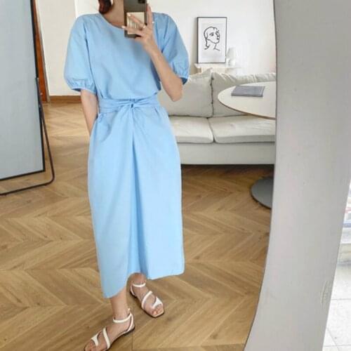 2020 Women Summer Vintage Elegant Bandage Long Loose Dress Round Collar Elastic Waist Zipper Midi Dresses