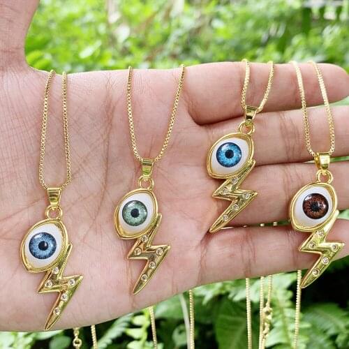 10Pcs Hip Hop Style Gold Plated Lightning Eye CZ Pendant Accessories New Brass Box Chain Necklace Jewelry