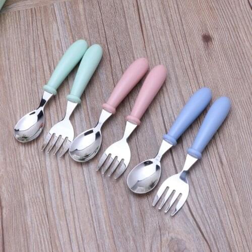 2pcs/lot Baby Feeding Spoon Fork Set Stainless Steel Toddler Infant Tableware Flatware Kids Cutlery with Ant-Dust Box