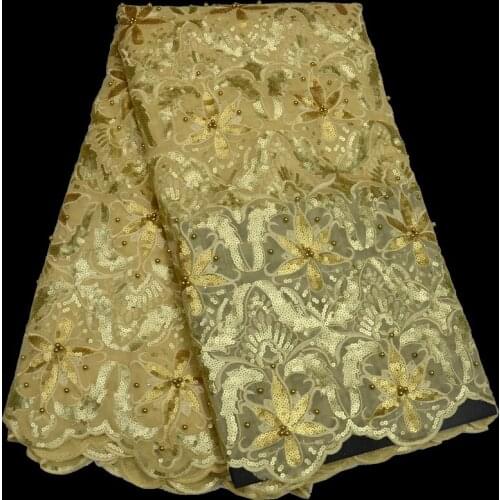 5yards/pc) Gorgeous beaded gold African organza lace fabric with delicate embroidery and lots of sequins for party dress OP60
