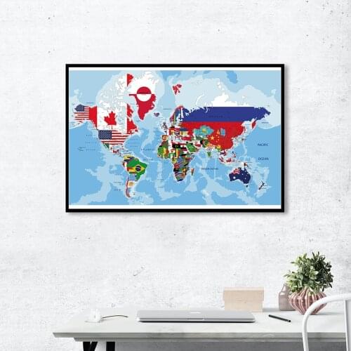 80*60cm The National Flags World Map Decorative Canvas Painting Wall Art Poster School Supplies Living Room Home Decoration