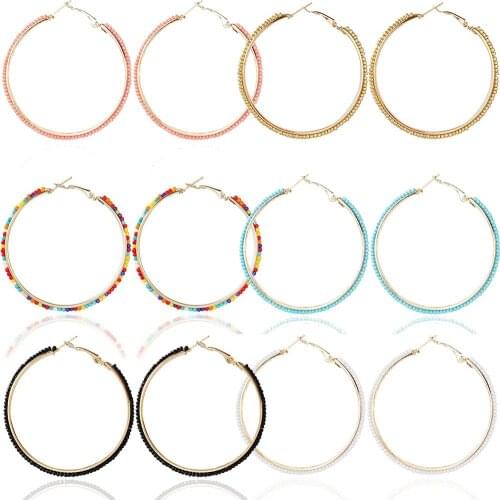 Bohemian Hoop Earrings Geometric Hollow Circle Round Beaded Rice Seed Bead Earrings Dangle Drop Ear for Women Girls Jewelry