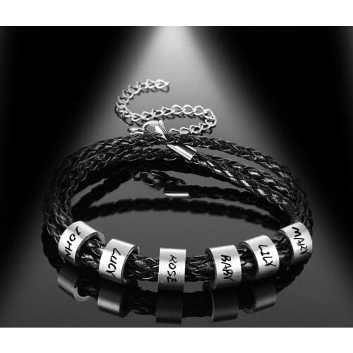 Lemegeton Personalized Custom Engrave Family Names Bracelet Men Layered Leather With Beads Bracelets Anniversary Gift to DAD