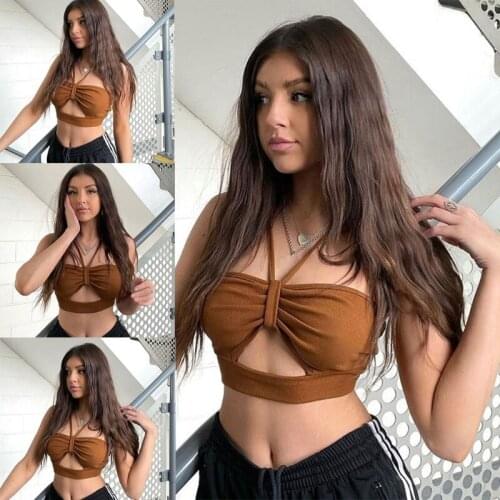 Women Sexy Halter Backless Crop Top Hollow Ruched Knotted Ribbed Camis Bralette