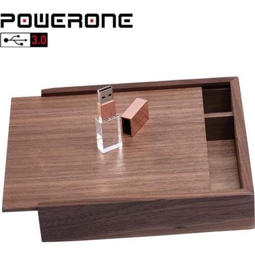 POWERONE 1 PCS free LOGO walnut Photo Album crystal usb+Box Memory stick Pendrive 4GB 16gb 64GB Photography Wedding 170*170*35mm