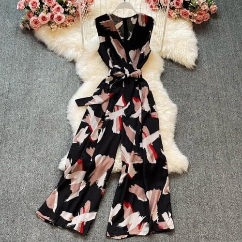 Summer Women Boho Jumpsuits Elegant Chiffon Printed V-Neck Sleeveless Lace-Up Rompers Playsuits Holiday Female Outfit