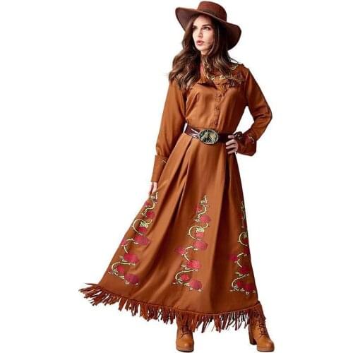 Brown Long Skirt Female Wilderness Hunter Cosplay Woman Halloween Cowgirl Costumes Carnival Purim Parade Role Play Party Dress