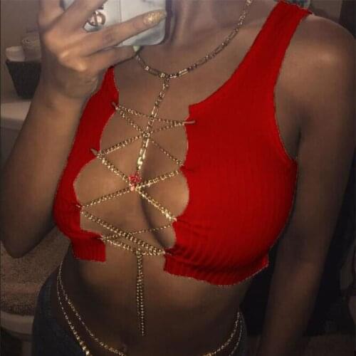 Red Black White Metal Chain Sleeveless Crop Top Sexy Clubwear Women Adjustable Lace Up Hollow Out Tank Tops Tees Camisole