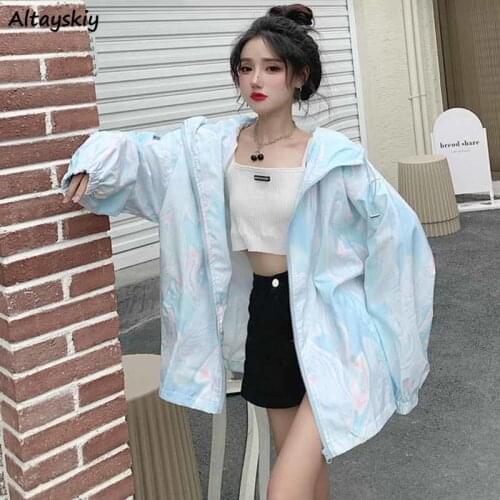 Jackets Women Loose with Hat Tie Dye Zippersun-proof Street Sweet Preppy Style Korean Ins Cargo Summer Fashion Female All-match