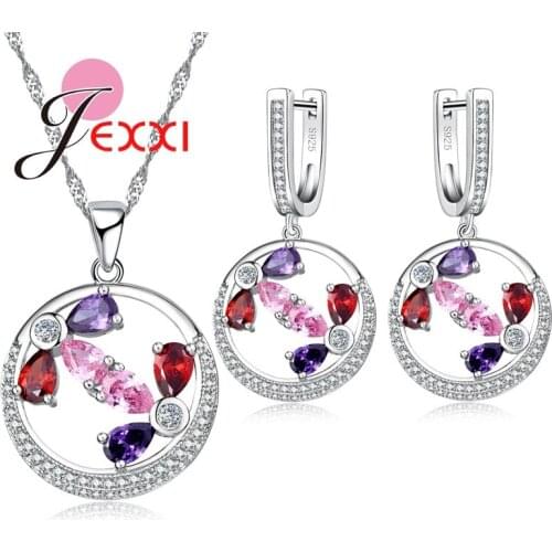 Occident Round Shaped 925 Sterling Silver Jewelry Sets For Women Colorful CZ Crystal Earrings/Pendant/Necklace Set