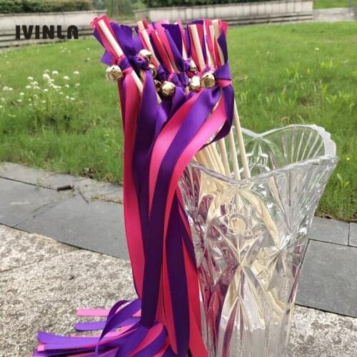 Newest 50pcs/lot fushia and purple wedding ribbon wands with sliver bell for wedding decoration