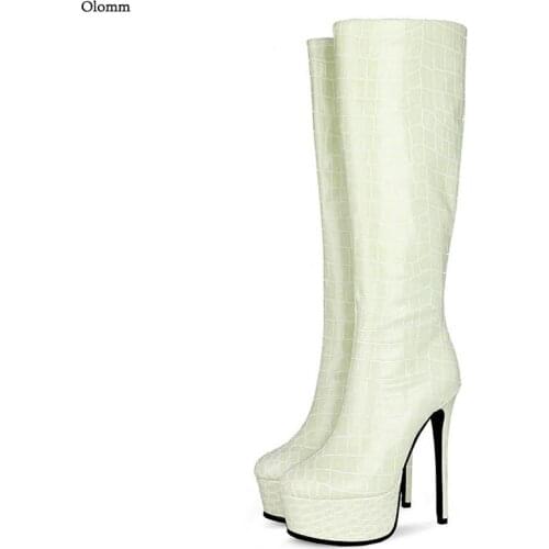 Olomm New Arrival Women Winter Platform Knee Boots Croc Pattern Stiletto Heel Round Toe Gorgeous Party Shoes Women US Size 5-13