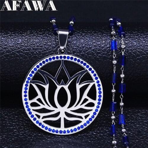 Yoga Lotus Stainless Steel Blue Crystal Charm Necklaces Silver Color Women/Men Statement Necklace Jewelry bijoux femme N105S01