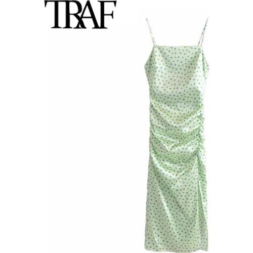 TRAF Women Fashion Floral Print Draped Cozy Slit Midi Dress Vintage Backless Zipper Thin Straps Female Dresses Vestidos