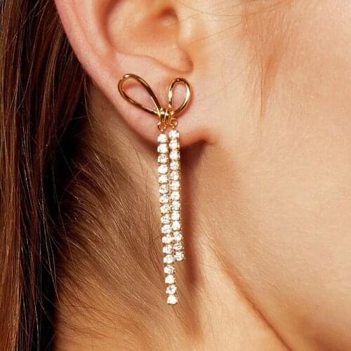 Bow tassel zircon earrings European and American temperament everyday Joker long face thin earrings
