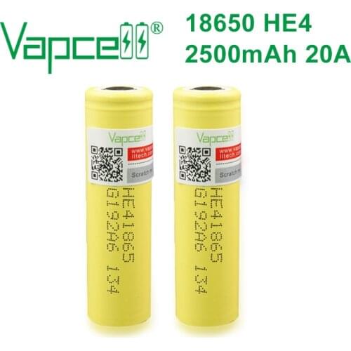 Vapcell 18650 battery 2500mAh 20A 3.7V rechargeable li-ion battery HE4 18650 batteries flat / button top free shipping
