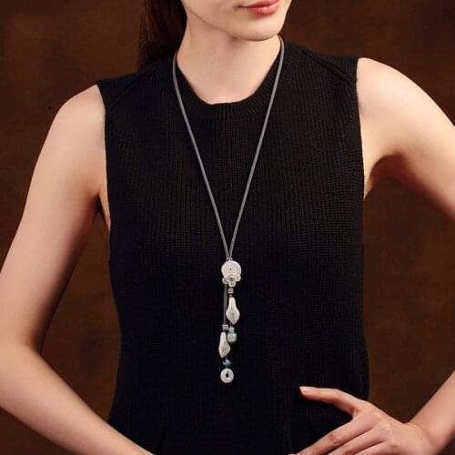 Stone Circle Strip Long Chain Ethnic Pendant Necklaces For Women Trend Sweater Chain White Lustre China Stone Girl Lass Jewelry